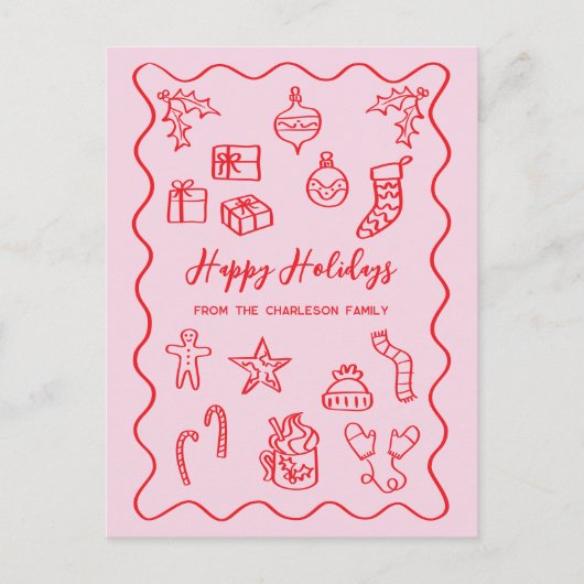 Moderne Scribble Illustratie Doodle Roze en Rood Feestdagenkaart (Voorkant)