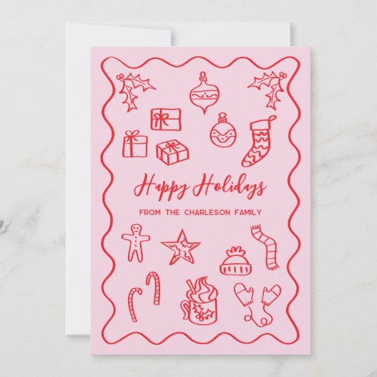 Moderne Scribble Illustratie Doodle Roze en Rood Feestdagenkaart (Voorkant)