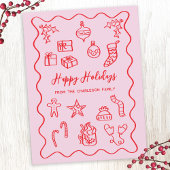 Moderne Scribble Illustratie Doodle Roze en Rood Feestdagenkaart