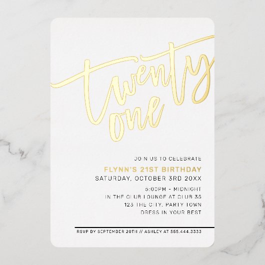 MODERNE SCRIPT 21e verjaardagsfeest elegante goud Folie Uitnodiging (Voorkant)