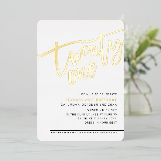 MODERNE SCRIPT 21e verjaardagsfeest elegante goud Folie Uitnodiging (Staand Voorkant)