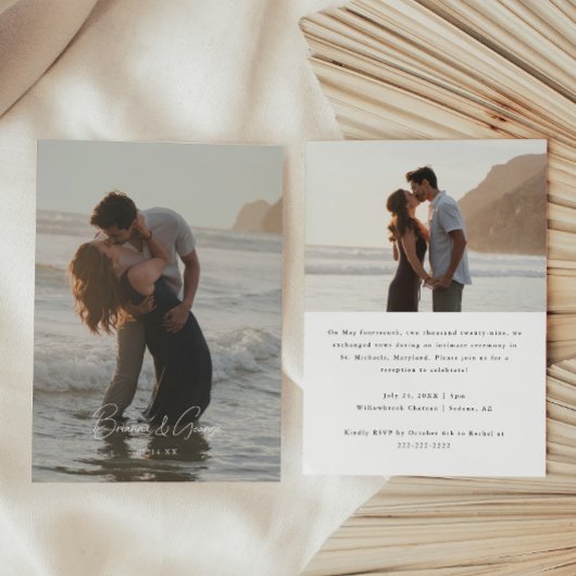 Moderne Script 2-Foto Elopement Trouwreceptie Kaart