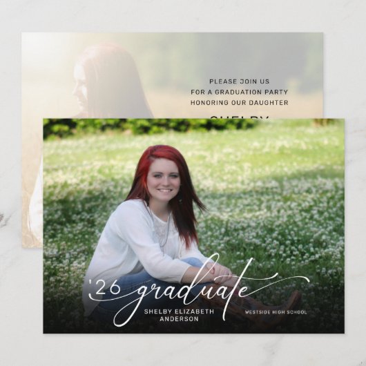 Moderne Script 2 Foto Horizontale Afstuderen Kaart (Voorkant / Achterkant)