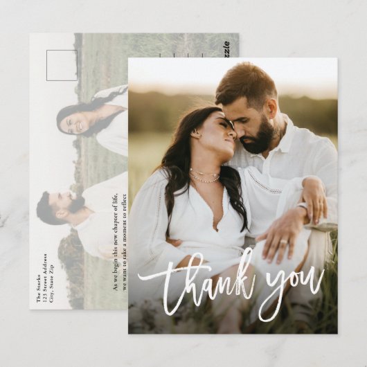 Moderne Script 2 Foto Huwelijks Dankjewel Briefkaart (Voorkant / Achterkant)
