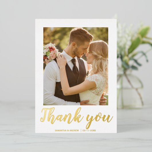Moderne script 2 foto trouw trouwkaart bedanken folie uitnodiging (Staand Voorkant)