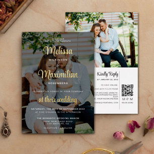 Moderne script 2 foto's zwarte QR-code online RSVP Folie Uitnodiging