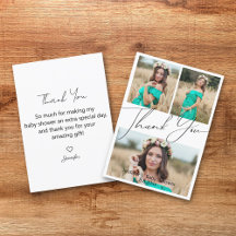 Moderne Script 3 Foto Baby Shower Bedankkaart