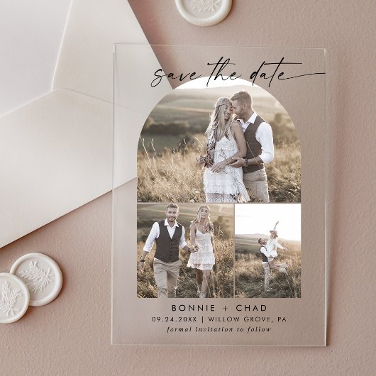 Moderne Script 3 Foto Boog Bruiloft Save The Date Acryl Uitnodigingen