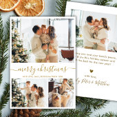 Moderne Script 3 Foto Collage Goud Wit Kerstmis Feestdagenkaart