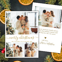 Moderne Script 3 Foto Collage Goud Wit Kerstmis Feestdagenkaart