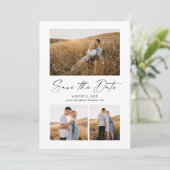 Moderne Script 3 Foto Huwelijk Save The Date (Staand voorkant)
