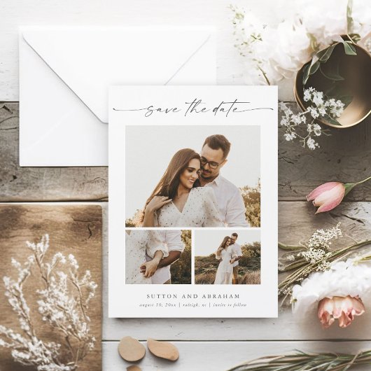 Moderne Script 3 Foto Huwelijk Save the Date Magne