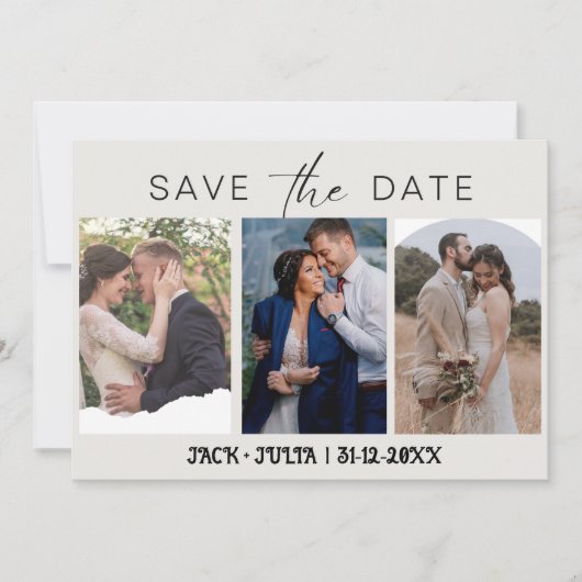 Moderne script 3 foto sjablonen save the date (Voorkant)