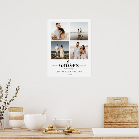 Moderne Script 4 Foto Collage Bruiloft Welkom Bord Poster (Keuken)