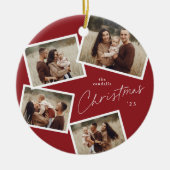Moderne Script 4 Foto Collage Rode Kerst Keramisch Ornament (Voorkant)