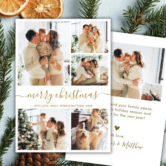 Moderne Script 5 Foto Collage Goud Wit Kerstmis Feestdagenkaart