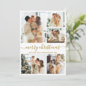 Moderne Script 5 Foto Collage Goud Wit Kerstmis Feestdagenkaart (Staand voorkant)