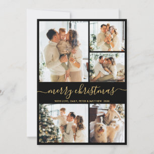Moderne Script 5 Foto Collage Zwart Goud Kerstmis Feestdagenkaart