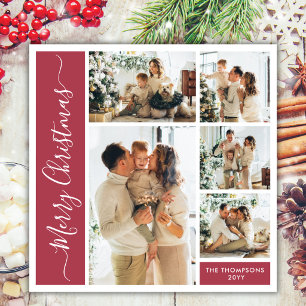 Moderne Script 5 Foto Familie Kerst Collage Rood Feestdagenkaart