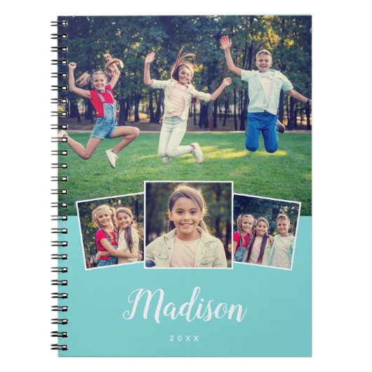 Moderne script aangepaste naam Cool 4 foto collage Notitieboek (Voorkant)