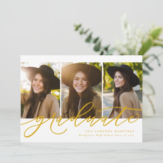 Moderne script afgestudeerd drie foto gouden afstu aankondiging (Staand voorkant)