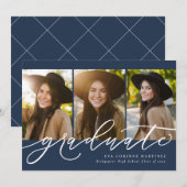 Moderne script afgestudeerd drie foto marineblauwe aankondiging (Voorkant / Achterkant)