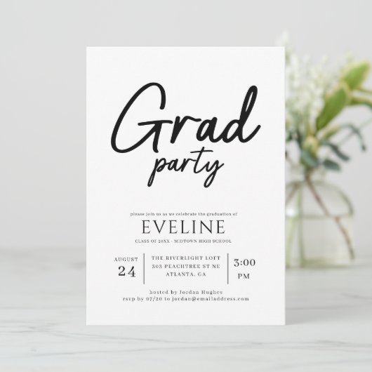Moderne Script Afstudeerfeest Afstuderen Kaart (Staand voorkant)