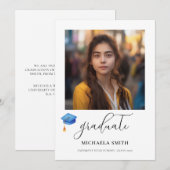 Moderne Script Afstudeerfoto Blauwe Afstudeerhoed Aankondiging (Voorkant / Achterkant)