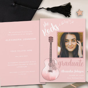 Moderne Script Afstudeerfoto Roze Gitaar Kaart