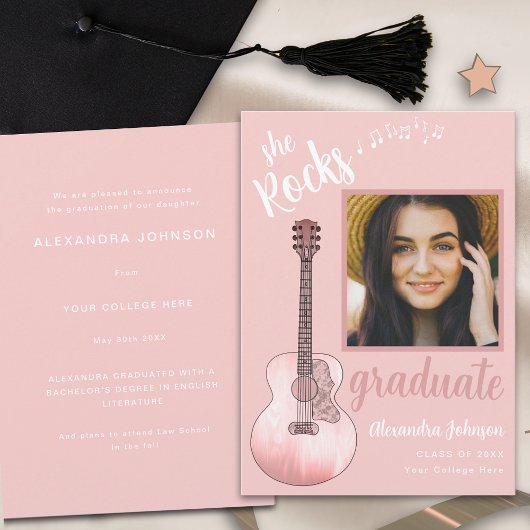 Moderne Script Afstudeerfoto Roze Gitaar Kaart