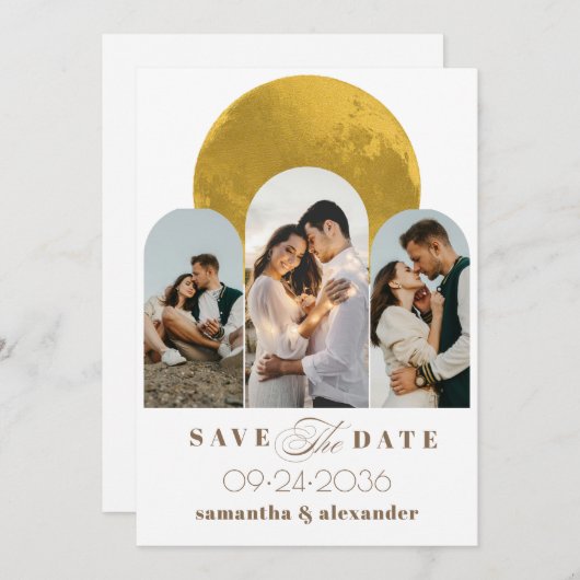 Moderne Script Arch Celestial Moon 3 Foto Elegant Save The Date (Voorkant / Achterkant)