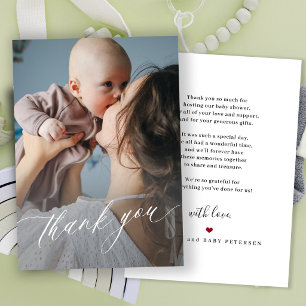 Moderne script baby shower foto bedankkaart