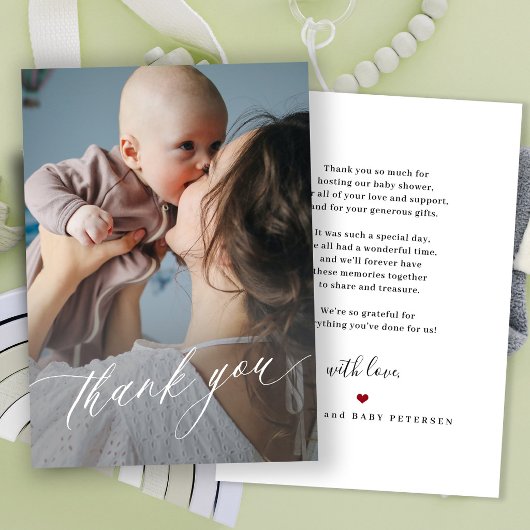Moderne script baby shower foto bedankkaart