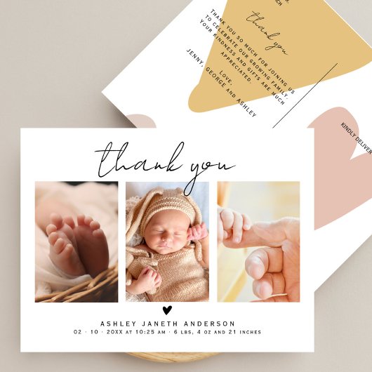 Moderne Script Bedankt 3 Foto's Baby Shower Briefkaart