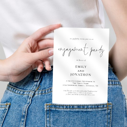 Moderne Script Black White Engagement Party Kaart