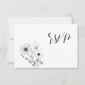 Moderne Script Black White Floral No Menu RSVP-kaa (Voorkant)