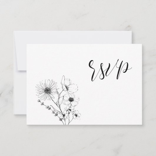 Moderne Script Black White Floral No Menu RSVP-kaa (Voorkant)