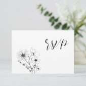 Moderne Script Black White Floral No Menu RSVP-kaa (Staand voorkant)
