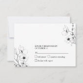 Moderne Script Black White Floral No Menu RSVP-kaa (Achterkant)