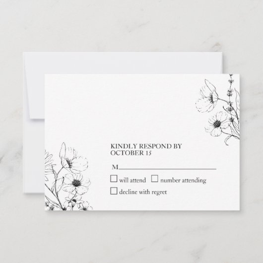 Moderne Script Black White Floral No Menu RSVP-kaa (Achterkant)