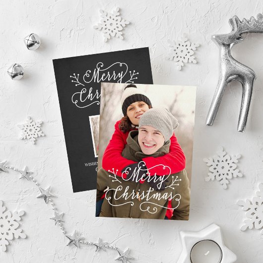Moderne Script Black White Merry-kerstfoto Feestdagenkaart