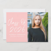 Moderne Script Blush Pink Photo Graduparty Kaart (Voorkant)