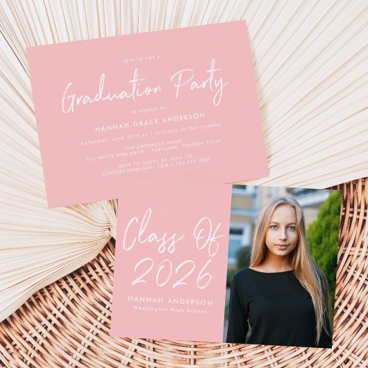 Moderne Script Blush Pink Photo Graduparty Kaart