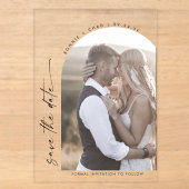 Moderne Script Boog Foto Bruiloft Save the Date Acryl Uitnodigingen (Voorkant)