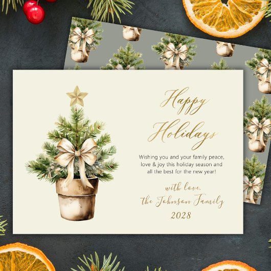 Moderne Script Boog Waterverf Kerstboom Gelukkig Feestdagenkaart