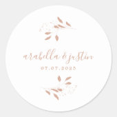 Moderne Script Botanische Stof Roze Huwelijk Ronde Sticker (Voorkant)