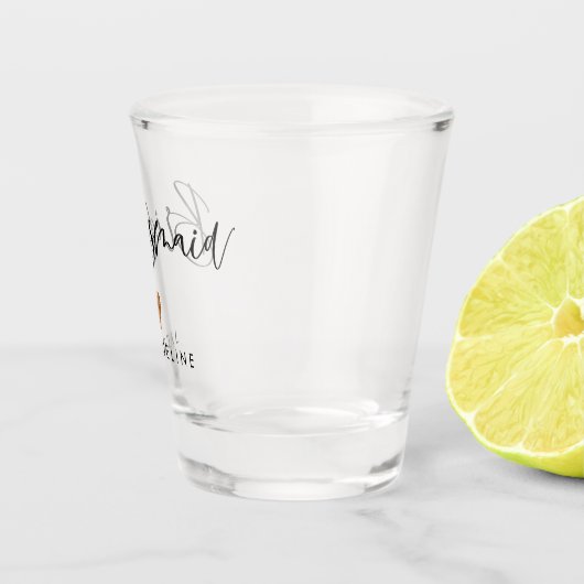 Moderne Script Bridesmaid Roos Gold Heart met naam Shot Glas (Rechts)
