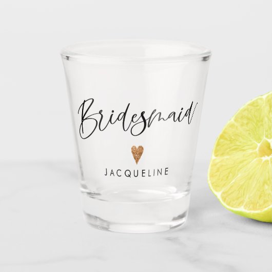Moderne Script Bridesmaid Roos Gold Heart met naam Shot Glas (Voorkant)