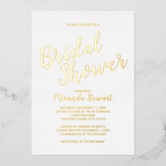 Moderne Script Bruiloft Bridal Shower Goud Folie Uitnodiging (Voorkant)