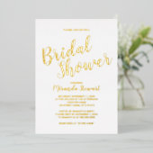 Moderne Script Bruiloft Bridal Shower Goud Folie Uitnodiging (Staand Voorkant)